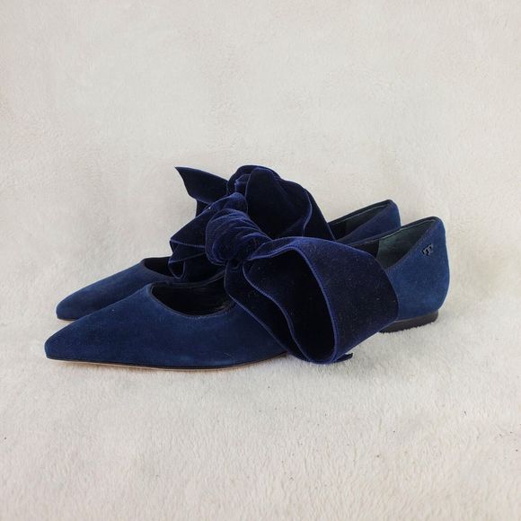 Tory Burch Navy Blue Suede Leather Velvet Bow Clara Ballet Flat Size 6M - Picture 4 of 12